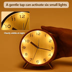 Analog Alarm Clocks,4.5" Metal Alarm Clock with Wood Grain Finish,Sound-Activated Night Light,Non-Ticking Silent,Battery Operated,for Bedroom,Bedside Desktop (Light Colored) - Grand Goldman