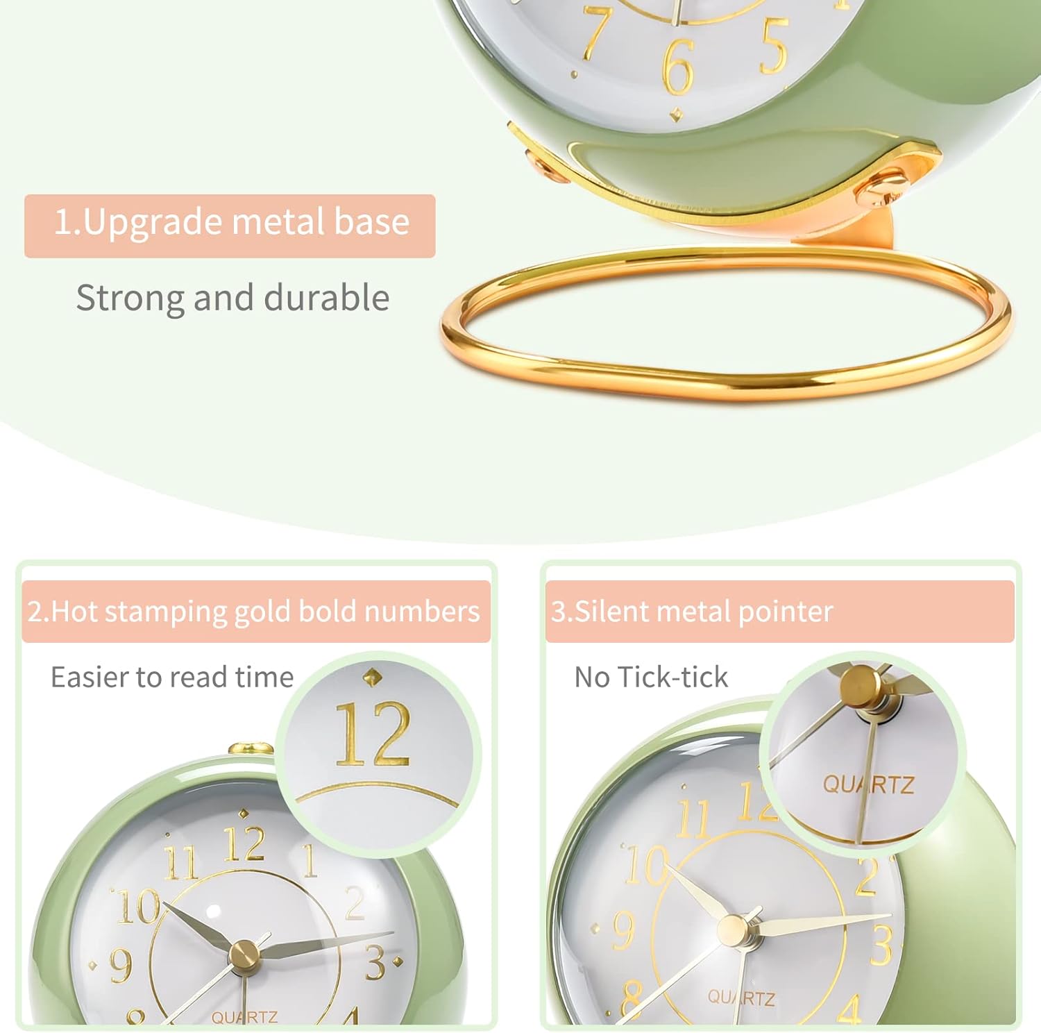 Analog Alarm Clocks,Retro Backlight Cute Simple Design Small Desk Clock with Night Light,Silent Non-Ticking,Battery Powered,for Kids,Bedroom,Travel,Kitchen,Bedside Desktop.(Green) - Grand Goldman