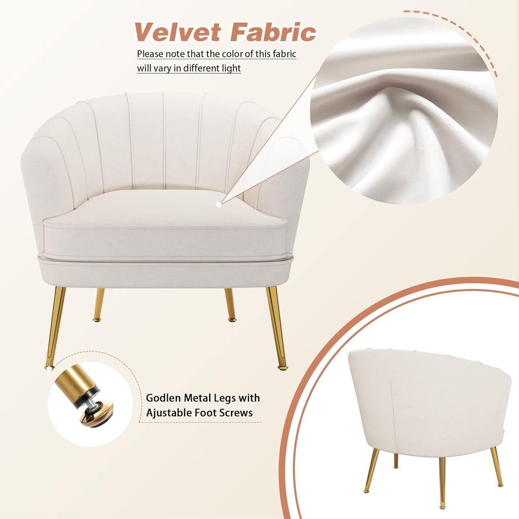 Andeworld Velvet Accent Chair, Upholstered Modern Single Sofa Side Chair,Comfy Barrel Club Living Room Armchair with Golden Metal Legs for Bedroom Living Reading Room Office, Beige - Grand Goldman