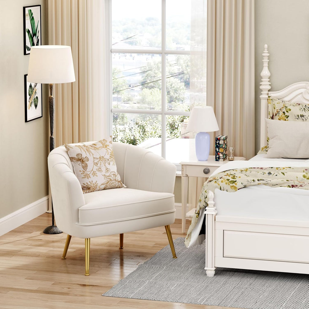 Andeworld Velvet Accent Chair, Upholstered Modern Single Sofa Side Chair,Comfy Barrel Club Living Room Armchair with Golden Metal Legs for Bedroom Living Reading Room Office, Beige - Grand Goldman