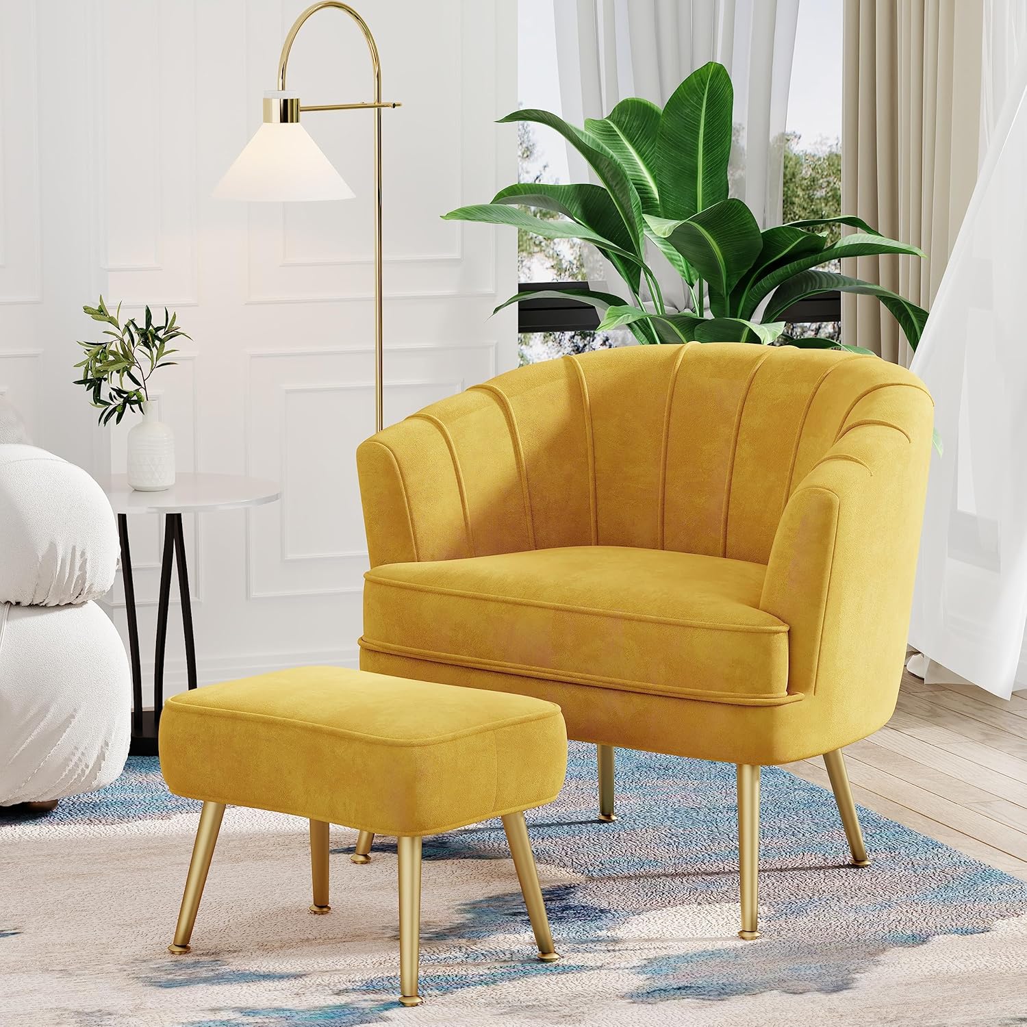 Andeworld Velvet Accent Chair, Upholstered Modern Single Sofa Side Chair,Comfy Barrel Club Living Room Armchair with Golden Metal Legs for Bedroom Living Reading Room Office, Beige - Grand Goldman