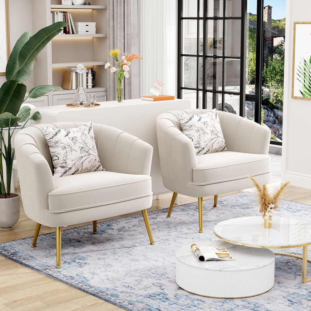 Andeworld Velvet Accent Chair, Upholstered Modern Single Sofa Side Chair,Comfy Barrel Club Living Room Armchair with Golden Metal Legs for Bedroom Living Reading Room Office, Beige - Grand Goldman