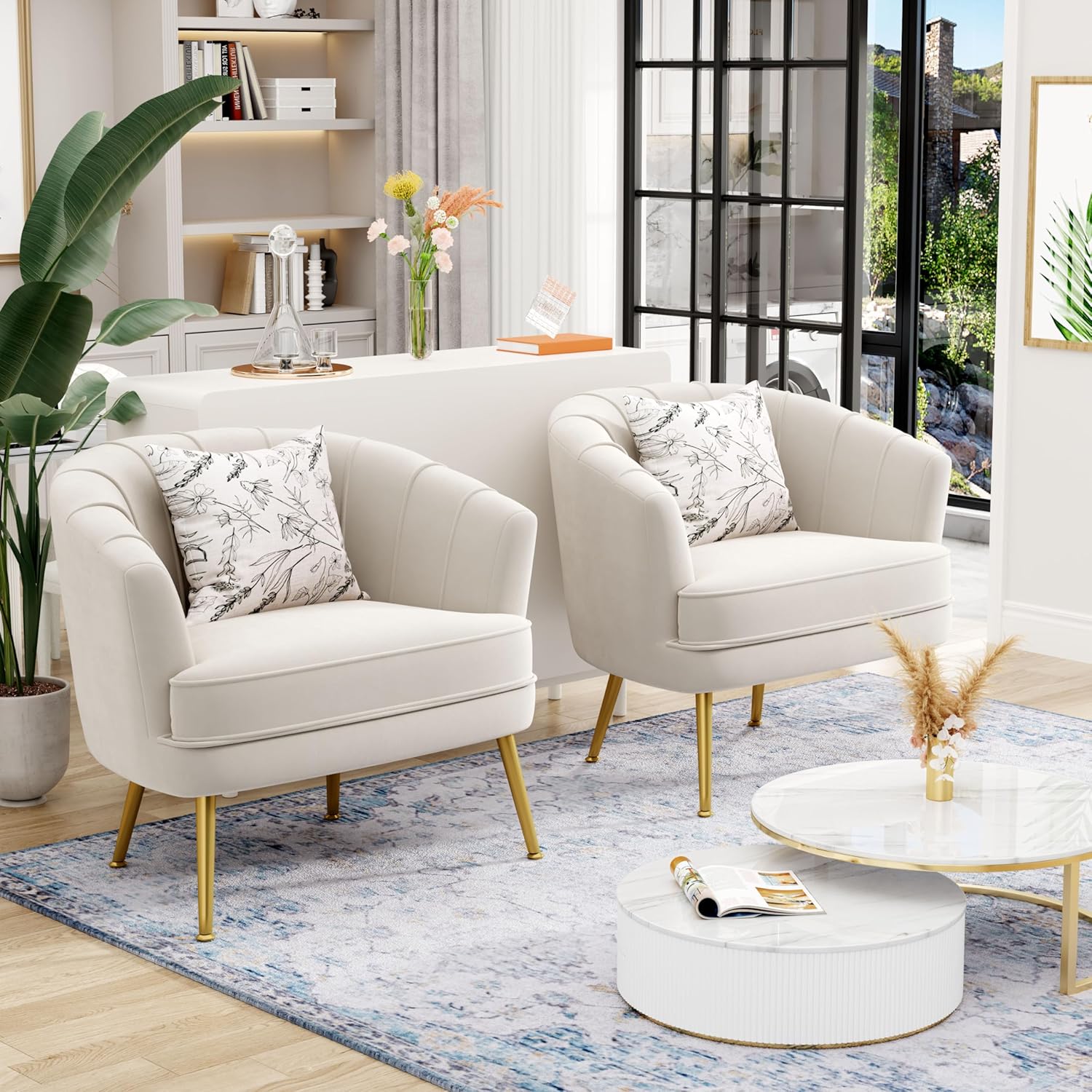 Andeworld Velvet Accent Chair, Upholstered Modern Single Sofa Side Chair,Comfy Barrel Club Living Room Armchair with Golden Metal Legs for Bedroom Living Reading Room Office, Beige - Grand Goldman