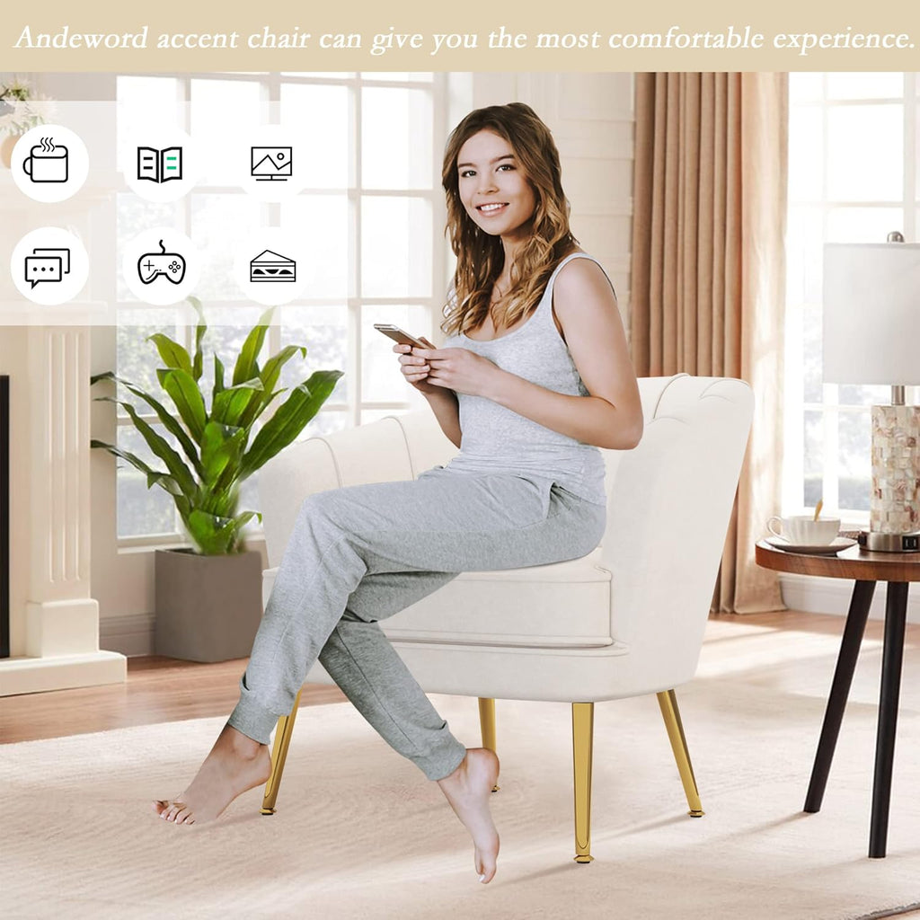 Andeworld Velvet Accent Chair, Upholstered Modern Single Sofa Side Chair,Comfy Barrel Club Living Room Armchair with Golden Metal Legs for Bedroom Living Reading Room Office, Beige - Grand Goldman
