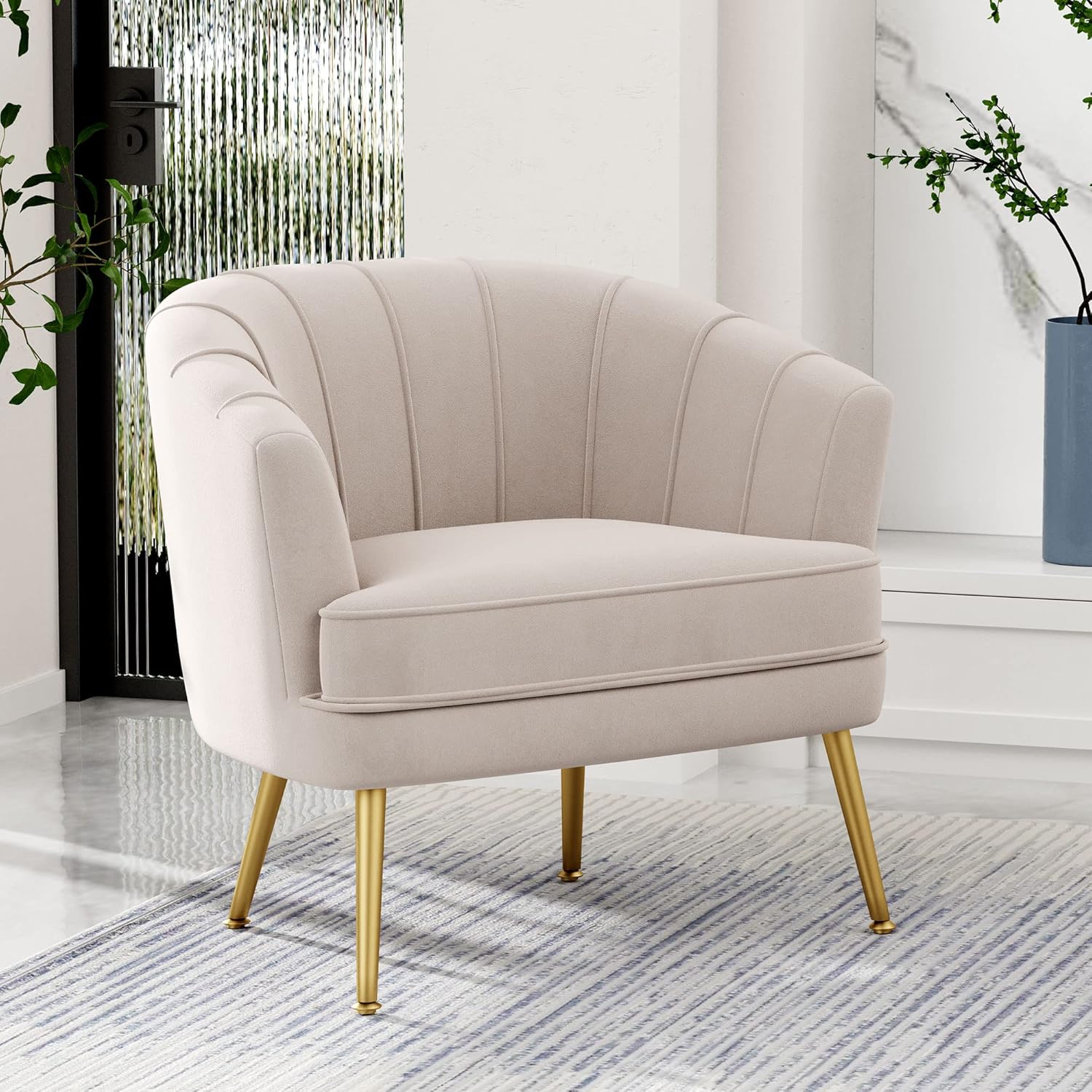 Andeworld Velvet Accent Chair, Upholstered Modern Single Sofa Side Chair,Comfy Barrel Club Living Room Armchair with Golden Metal Legs for Bedroom Living Reading Room Office, Beige - Grand Goldman