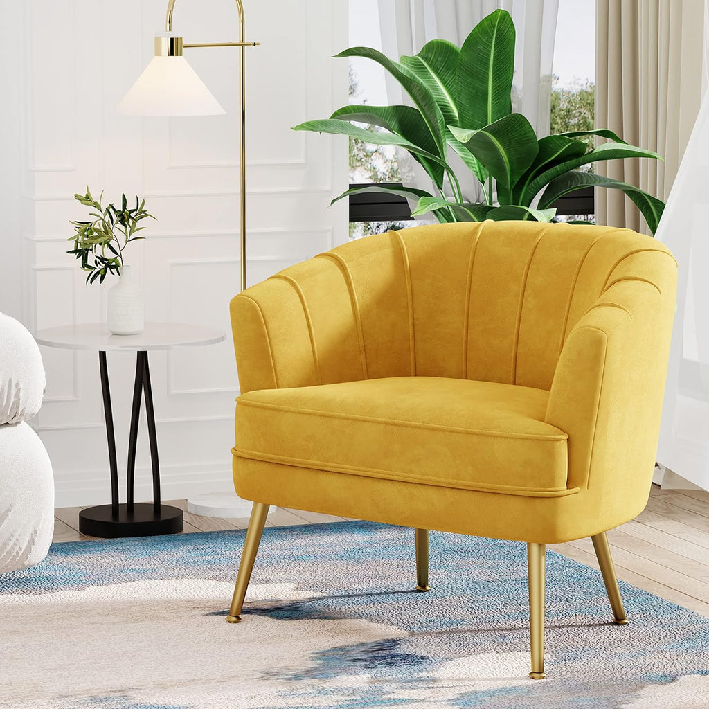 Andeworld Velvet Accent Chair, Upholstered Modern Single Sofa Side Chair,Comfy Barrel Club Living Room Armchair with Golden Metal Legs for Bedroom Living Reading Room Office, Beige - Grand Goldman