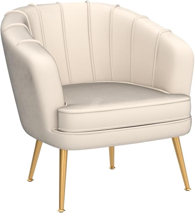Andeworld Velvet Accent Chair, Upholstered Modern Single Sofa Side Chair,Comfy Barrel Club Living Room Armchair with Golden Metal Legs for Bedroom Living Reading Room Office, Beige - Grand Goldman