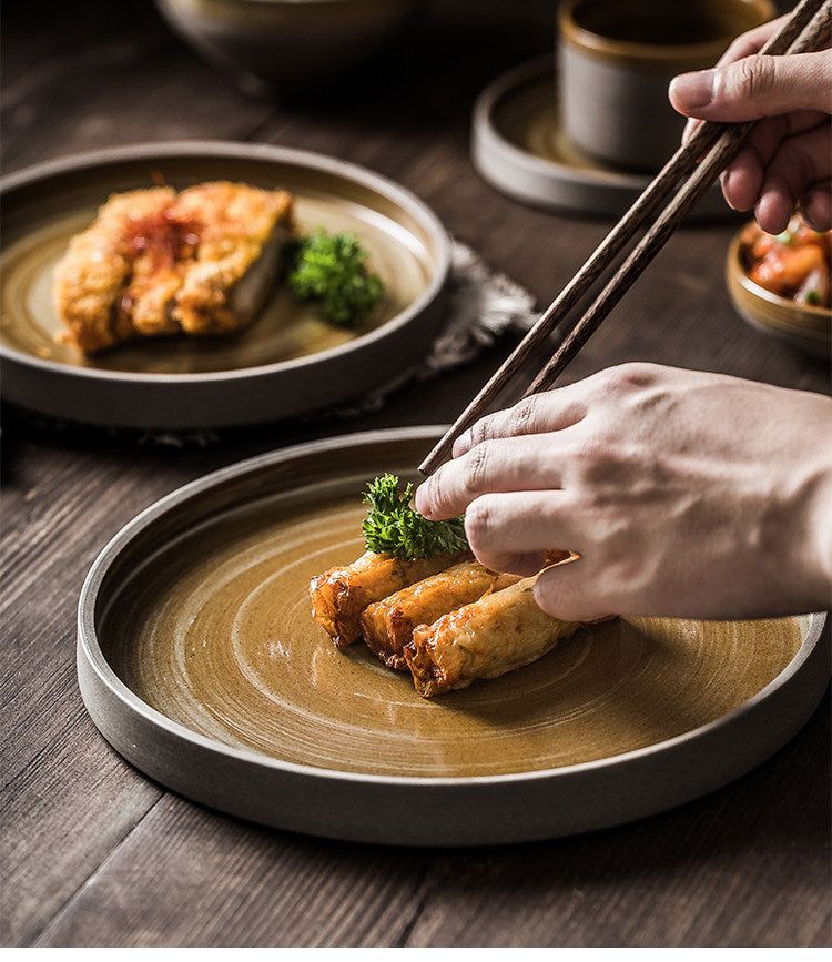 Antique tableware dish set simple coarse ceramic steak plate dessert simple rice bowl household dish - Grand Goldman