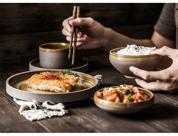 Antique tableware dish set simple coarse ceramic steak plate dessert simple rice bowl household dish - Grand Goldman