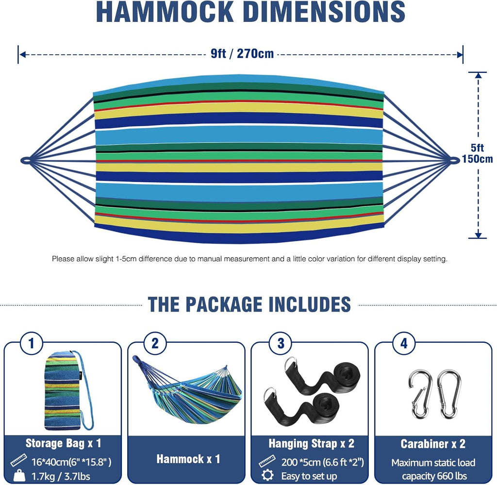 Anyoo Garden Cotton Hammock Comfortable Fabric Hammock with Tree Straps for Hanging Sturdy Hammock Up to 660lbs Portable Hammock with Travel Bag for Camping Outdoor/Indoor Patio Backyard - Grand Goldman