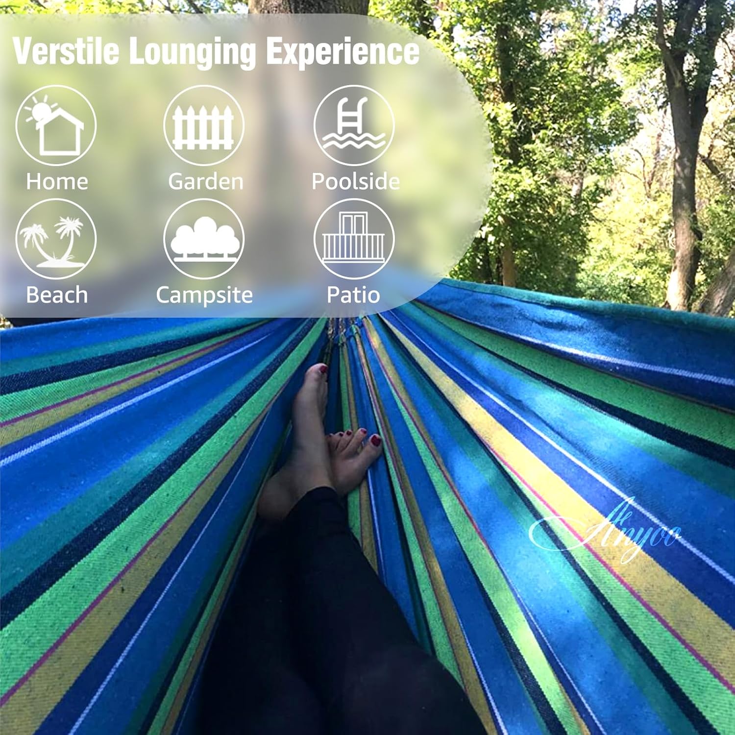 Anyoo Garden Cotton Hammock Comfortable Fabric Hammock with Tree Straps for Hanging Sturdy Hammock Up to 660lbs Portable Hammock with Travel Bag for Camping Outdoor/Indoor Patio Backyard - Grand Goldman