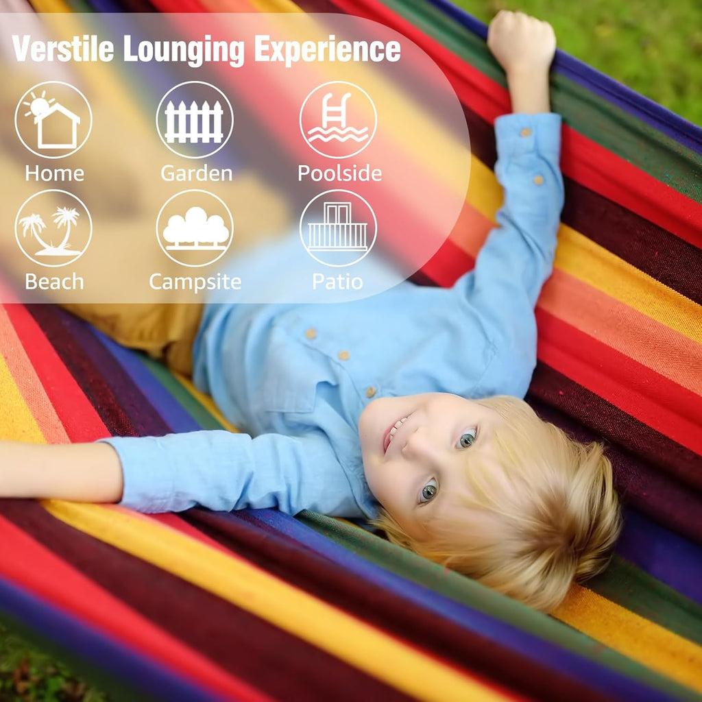 Anyoo Garden Cotton Hammock Comfortable Fabric Hammock with Tree Straps for Hanging Sturdy Hammock Up to 660lbs Portable Hammock with Travel Bag for Camping Outdoor/Indoor Patio Backyard - Grand Goldman
