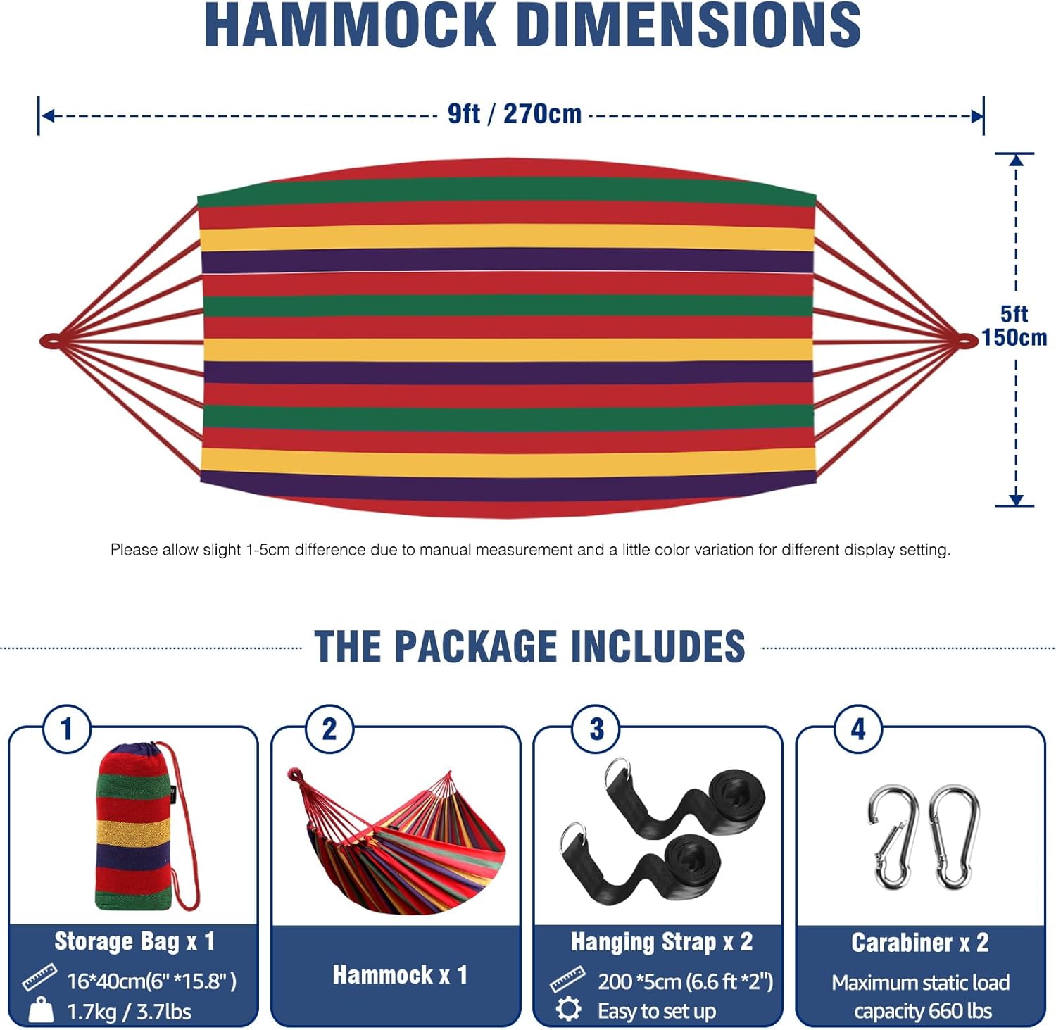 Anyoo Garden Cotton Hammock Comfortable Fabric Hammock with Tree Straps for Hanging Sturdy Hammock Up to 660lbs Portable Hammock with Travel Bag for Camping Outdoor/Indoor Patio Backyard - Grand Goldman