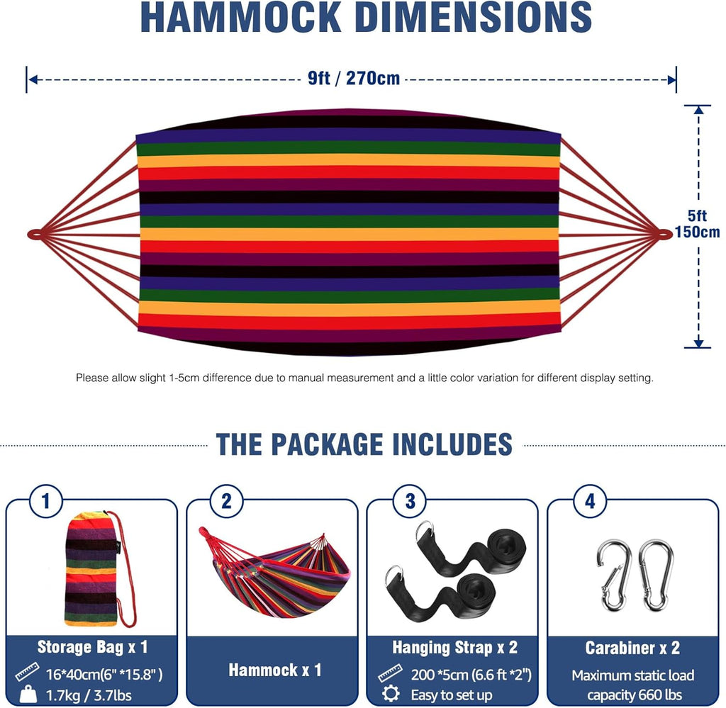 Anyoo Garden Cotton Hammock Comfortable Fabric Hammock with Tree Straps for Hanging Sturdy Hammock Up to 660lbs Portable Hammock with Travel Bag for Camping Outdoor/Indoor Patio Backyard - Grand Goldman