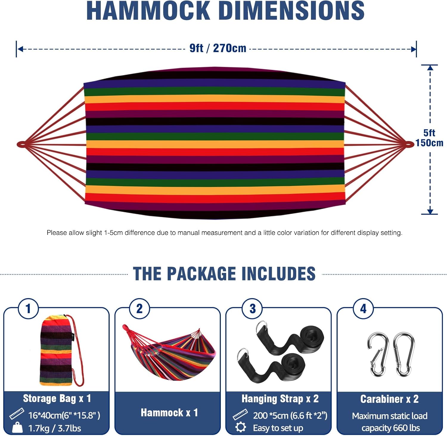 Anyoo Garden Cotton Hammock Comfortable Fabric Hammock with Tree Straps for Hanging Sturdy Hammock Up to 660lbs Portable Hammock with Travel Bag for Camping Outdoor/Indoor Patio Backyard - Grand Goldman