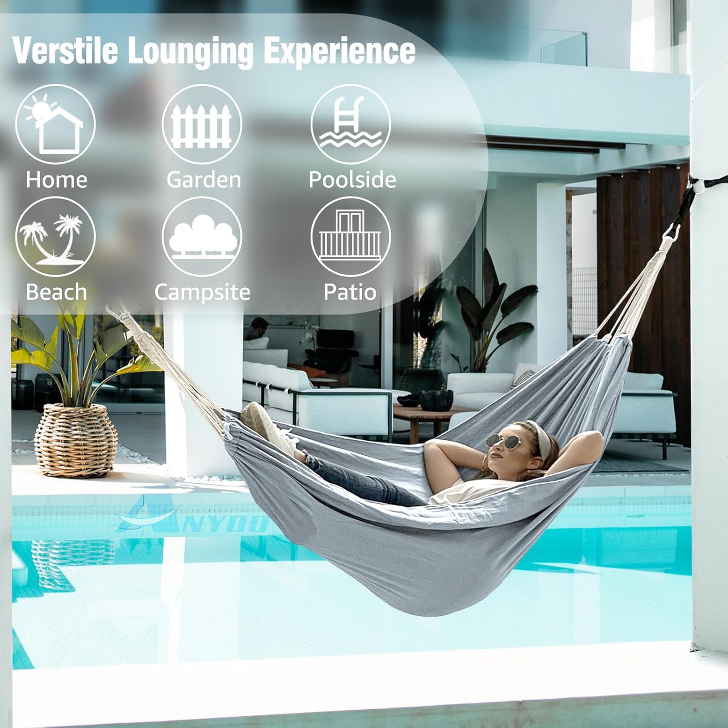 Anyoo Garden Cotton Hammock Comfortable Fabric Hammock with Tree Straps for Hanging Sturdy Hammock Up to 660lbs Portable Hammock with Travel Bag for Camping Outdoor/Indoor Patio Backyard - Grand Goldman