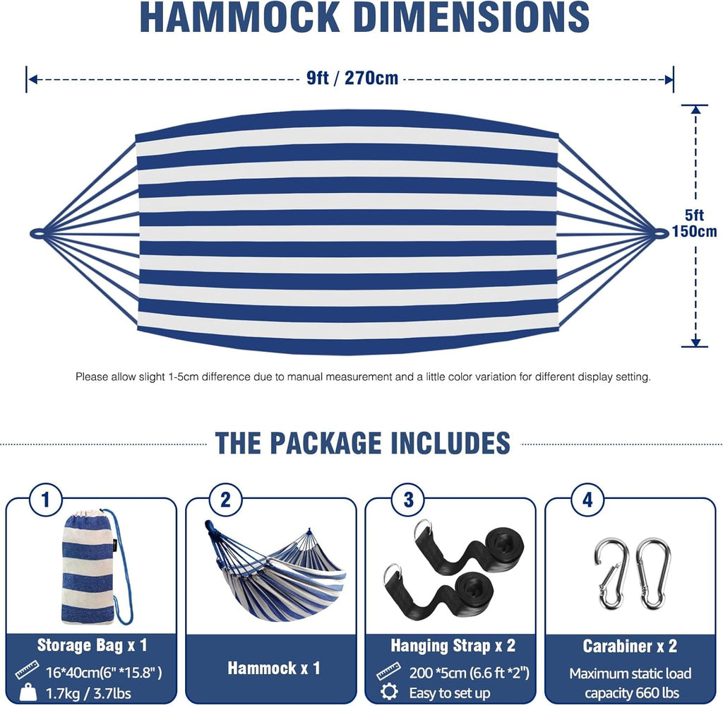 Anyoo Garden Cotton Hammock Comfortable Fabric Hammock with Tree Straps for Hanging Sturdy Hammock Up to 660lbs Portable Hammock with Travel Bag for Camping Outdoor/Indoor Patio Backyard - Grand Goldman