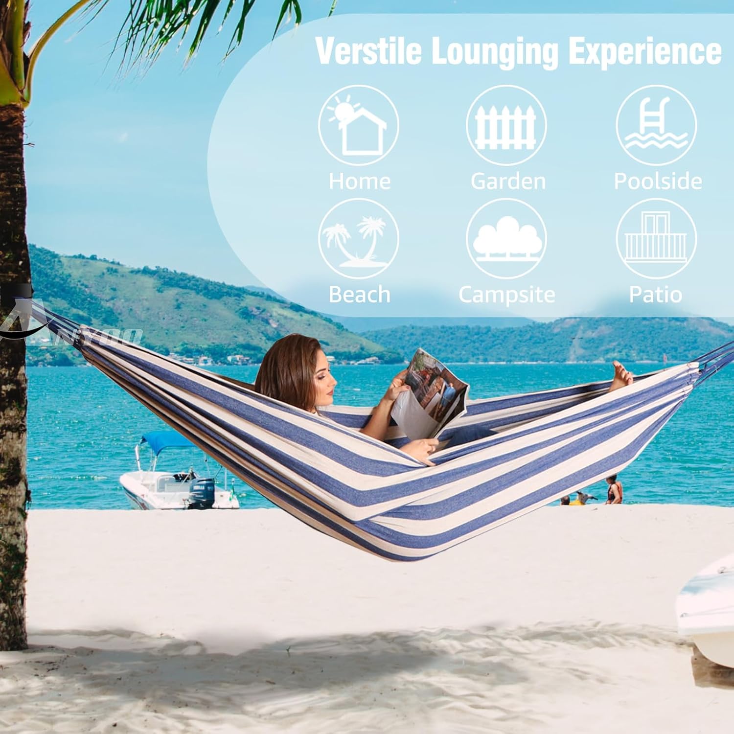 Anyoo Garden Cotton Hammock Comfortable Fabric Hammock with Tree Straps for Hanging Sturdy Hammock Up to 660lbs Portable Hammock with Travel Bag for Camping Outdoor/Indoor Patio Backyard - Grand Goldman