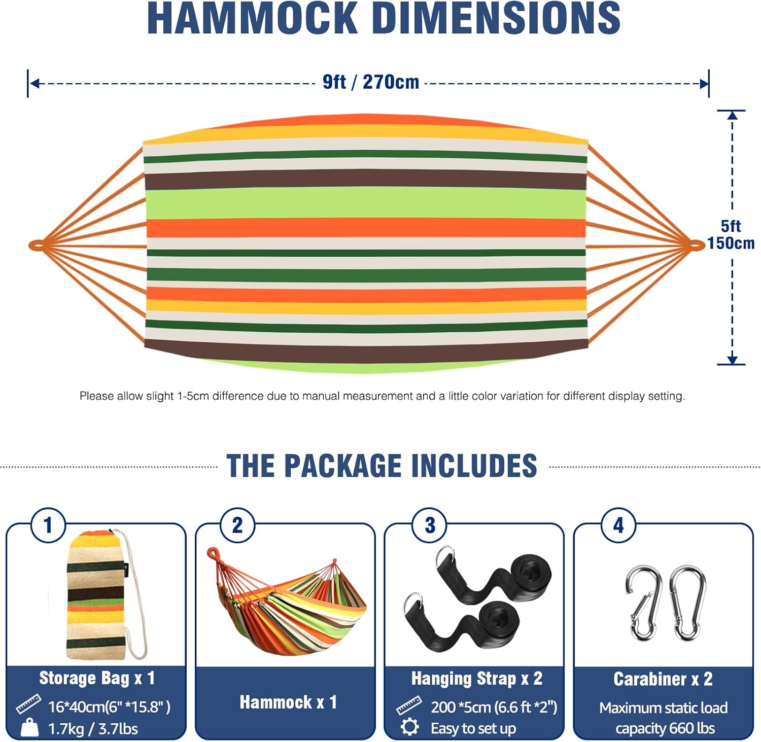 Anyoo Garden Cotton Hammock Comfortable Fabric Hammock with Tree Straps for Hanging Sturdy Hammock Up to 660lbs Portable Hammock with Travel Bag for Camping Outdoor/Indoor Patio Backyard - Grand Goldman