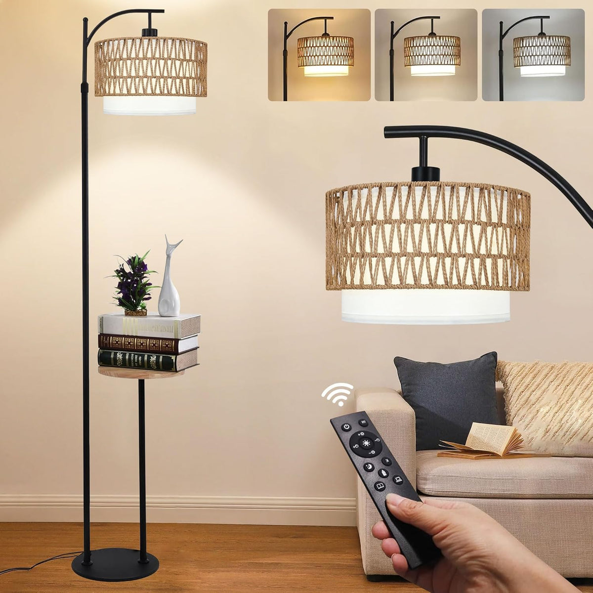 Arc Floor Lamp for Living Room Rattan Boho Floor Lamp with Remote Control,Dimmable LED Floor Lamp Wicker Lamp Shades Black Standing Lamp with 3 Color Temperature Tall Floor Lamp For Bedroom Corner - Grand Goldman