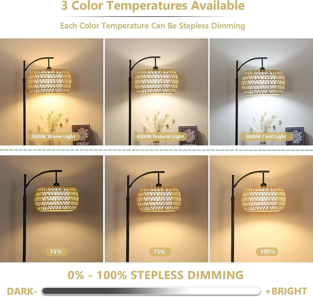 Arc Floor Lamp for Living Room Rattan Boho Floor Lamp with Remote Control,Dimmable LED Floor Lamp Wicker Lamp Shades Black Standing Lamp with 3 Color Temperature Tall Floor Lamp For Bedroom Corner - Grand Goldman