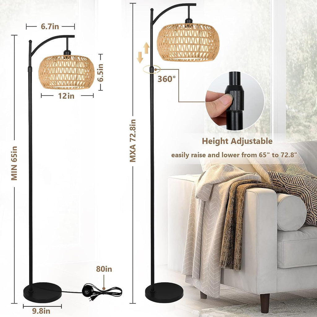 Arc Floor Lamp for Living Room Rattan Boho Floor Lamp with Remote Control,Dimmable LED Floor Lamp Wicker Lamp Shades Black Standing Lamp with 3 Color Temperature Tall Floor Lamp For Bedroom Corner - Grand Goldman