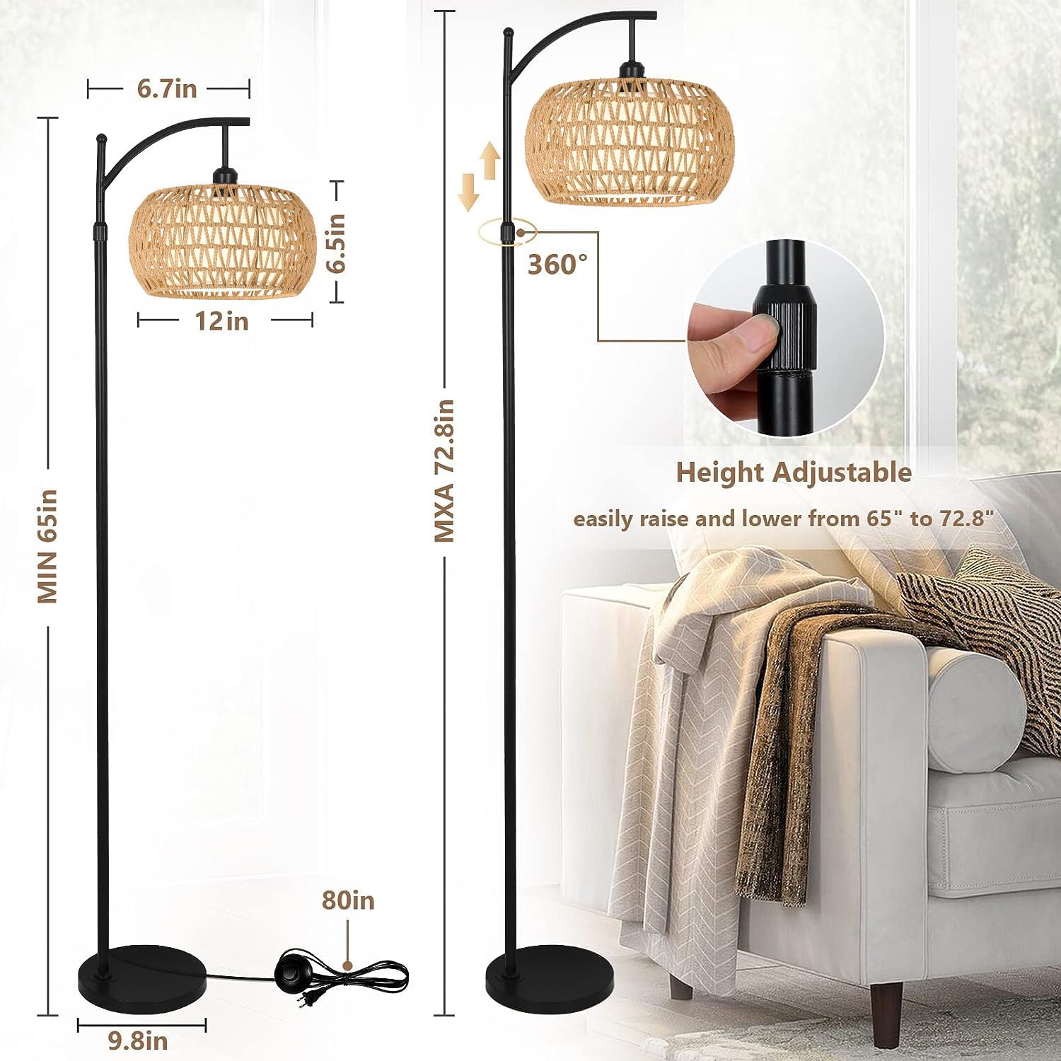Arc Floor Lamp for Living Room Rattan Boho Floor Lamp with Remote Control,Dimmable LED Floor Lamp Wicker Lamp Shades Black Standing Lamp with 3 Color Temperature Tall Floor Lamp For Bedroom Corner - Grand Goldman