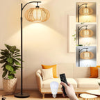 Arc Floor Lamp for Living Room Rattan Boho Floor Lamp with Remote Control,Dimmable LED Floor Lamp Wicker Lamp Shades Black Standing Lamp with 3 Color Temperature Tall Floor Lamp For Bedroom Corner - Grand Goldman