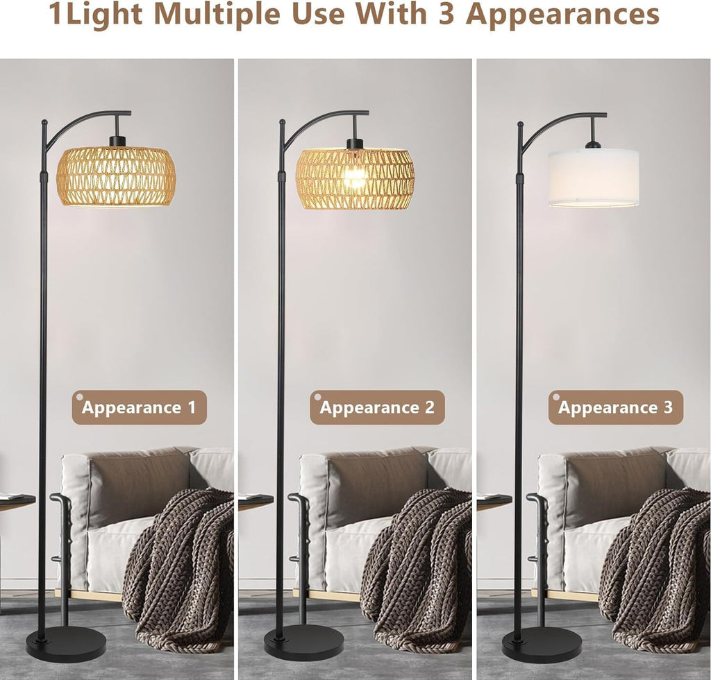 Arc Floor Lamp for Living Room Rattan Boho Floor Lamp with Remote Control,Dimmable LED Floor Lamp Wicker Lamp Shades Black Standing Lamp with 3 Color Temperature Tall Floor Lamp For Bedroom Corner - Grand Goldman