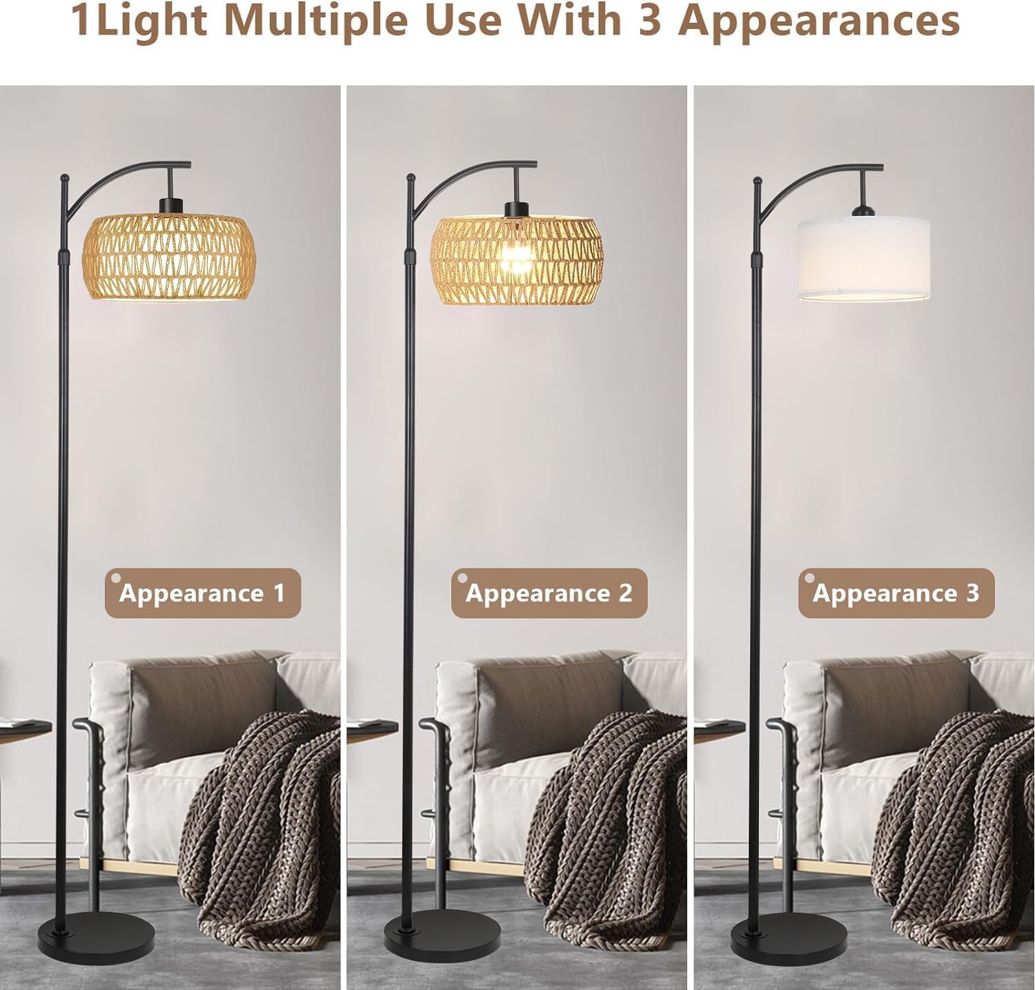 Arc Floor Lamp for Living Room Rattan Boho Floor Lamp with Remote Control,Dimmable LED Floor Lamp Wicker Lamp Shades Black Standing Lamp with 3 Color Temperature Tall Floor Lamp For Bedroom Corner - Grand Goldman