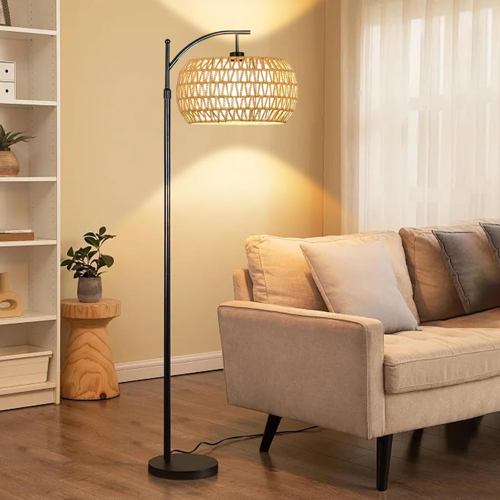 Arc Floor Lamp for Living Room Rattan Boho Floor Lamp with Remote Control,Dimmable LED Floor Lamp Wicker Lamp Shades Black Standing Lamp with 3 Color Temperature Tall Floor Lamp For Bedroom Corner - Grand Goldman