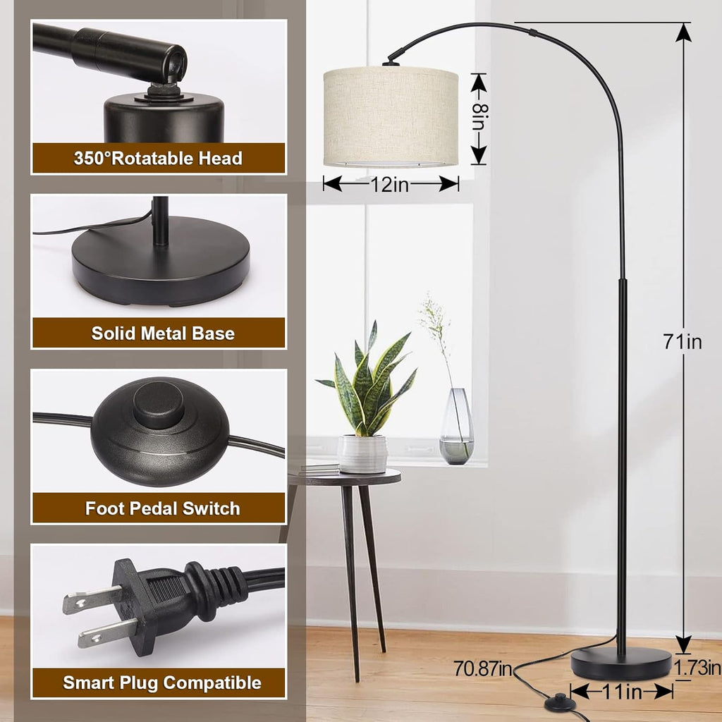 Arc Floor Lamps for Living Room, Modern Standing Lamp with Adjustable Hanging Drum Shade, Tall Pole Lamp with Foot Switch, Over Couch Arched Reading Light for Bedroom, Office (Black) - Grand Goldman