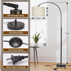 Arc Floor Lamps for Living Room, Modern Standing Lamp with Adjustable Hanging Drum Shade, Tall Pole Lamp with Foot Switch, Over Couch Arched Reading Light for Bedroom, Office (Black) - Grand Goldman