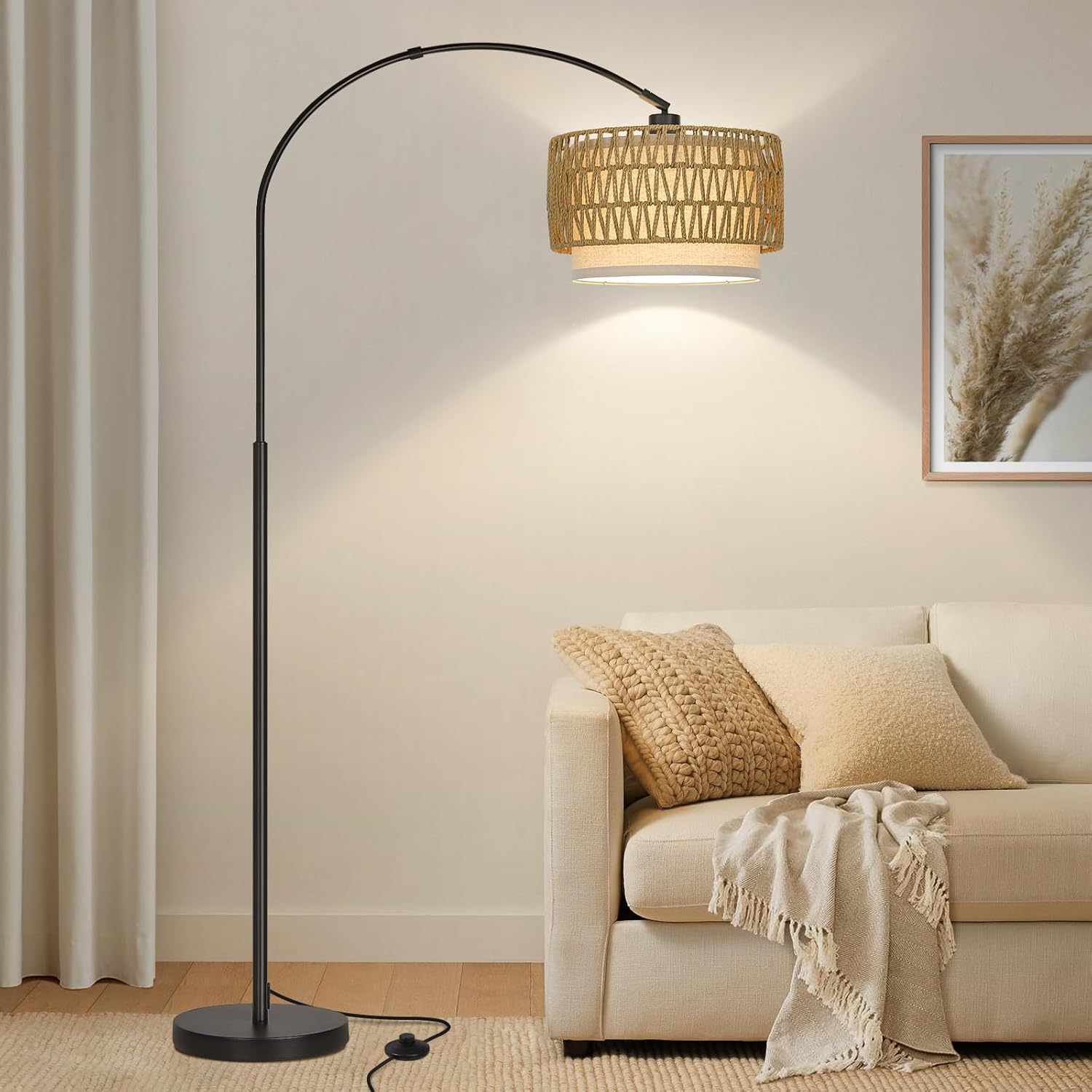Arc Floor Lamps for Living Room, Modern Standing Lamp with Adjustable Hanging Drum Shade, Tall Pole Lamp with Foot Switch, Over Couch Arched Reading Light for Bedroom, Office (Black) - Grand Goldman
