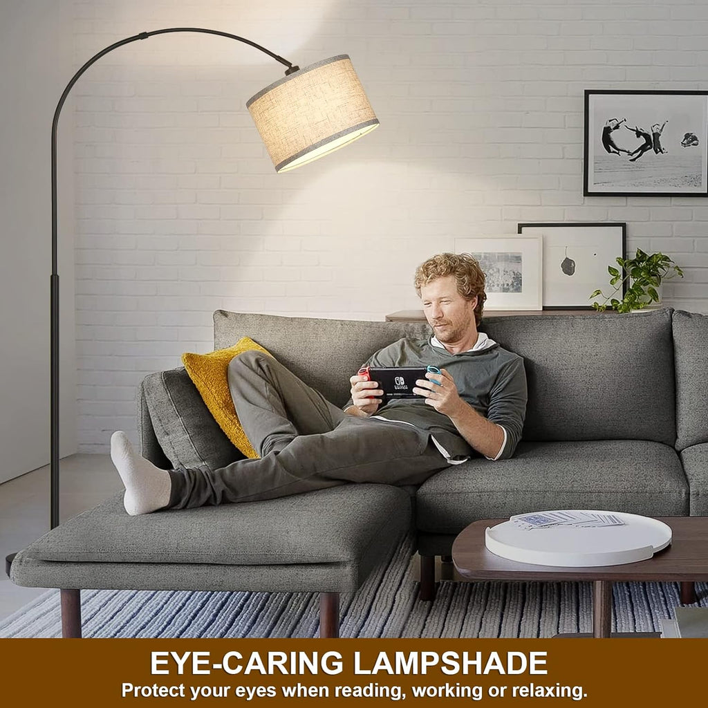 Arc Floor Lamps for Living Room, Modern Standing Lamp with Adjustable Hanging Drum Shade, Tall Pole Lamp with Foot Switch, Over Couch Arched Reading Light for Bedroom, Office (Black) - Grand Goldman