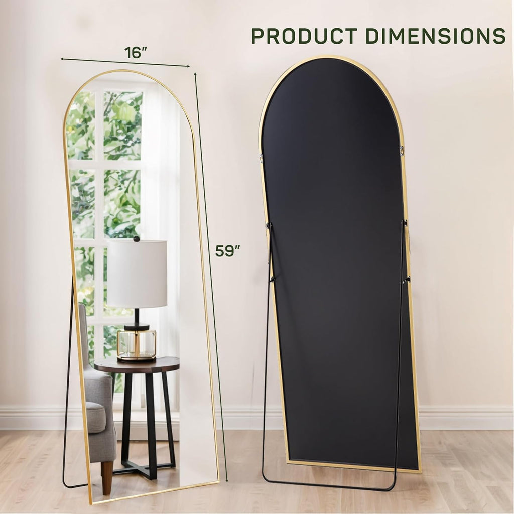 Arched Mirror Full Length, 16"x59" Body Wall Mirrors with Shatter-Proof Glass, Floor Standing, Hanging or Leaning, Tall Arch Mirror with Stand Aluminum Alloy Frame for Bedroom Cloakroom - Grand Goldman