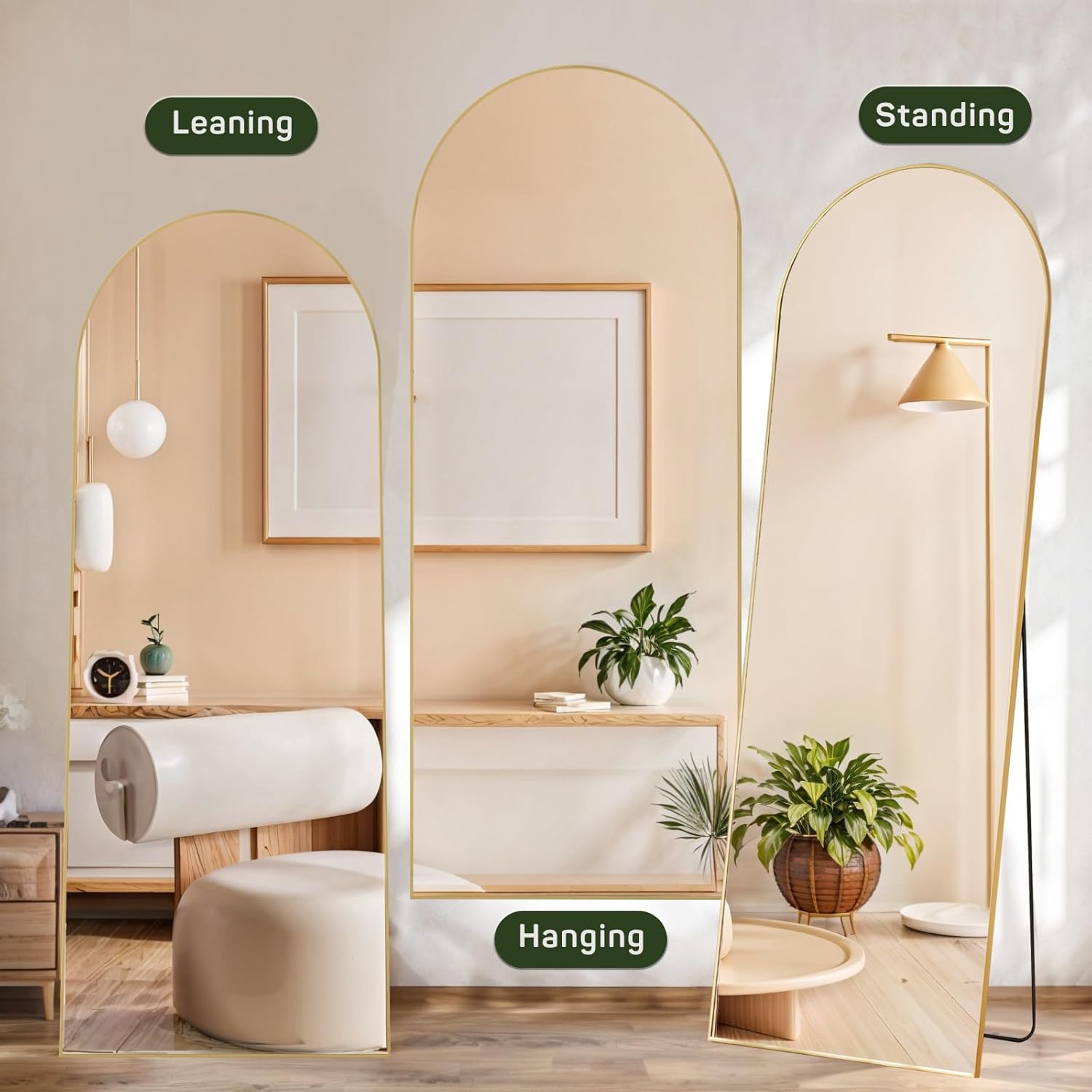 Arched Mirror Full Length, 16"x59" Body Wall Mirrors with Shatter-Proof Glass, Floor Standing, Hanging or Leaning, Tall Arch Mirror with Stand Aluminum Alloy Frame for Bedroom Cloakroom - Grand Goldman