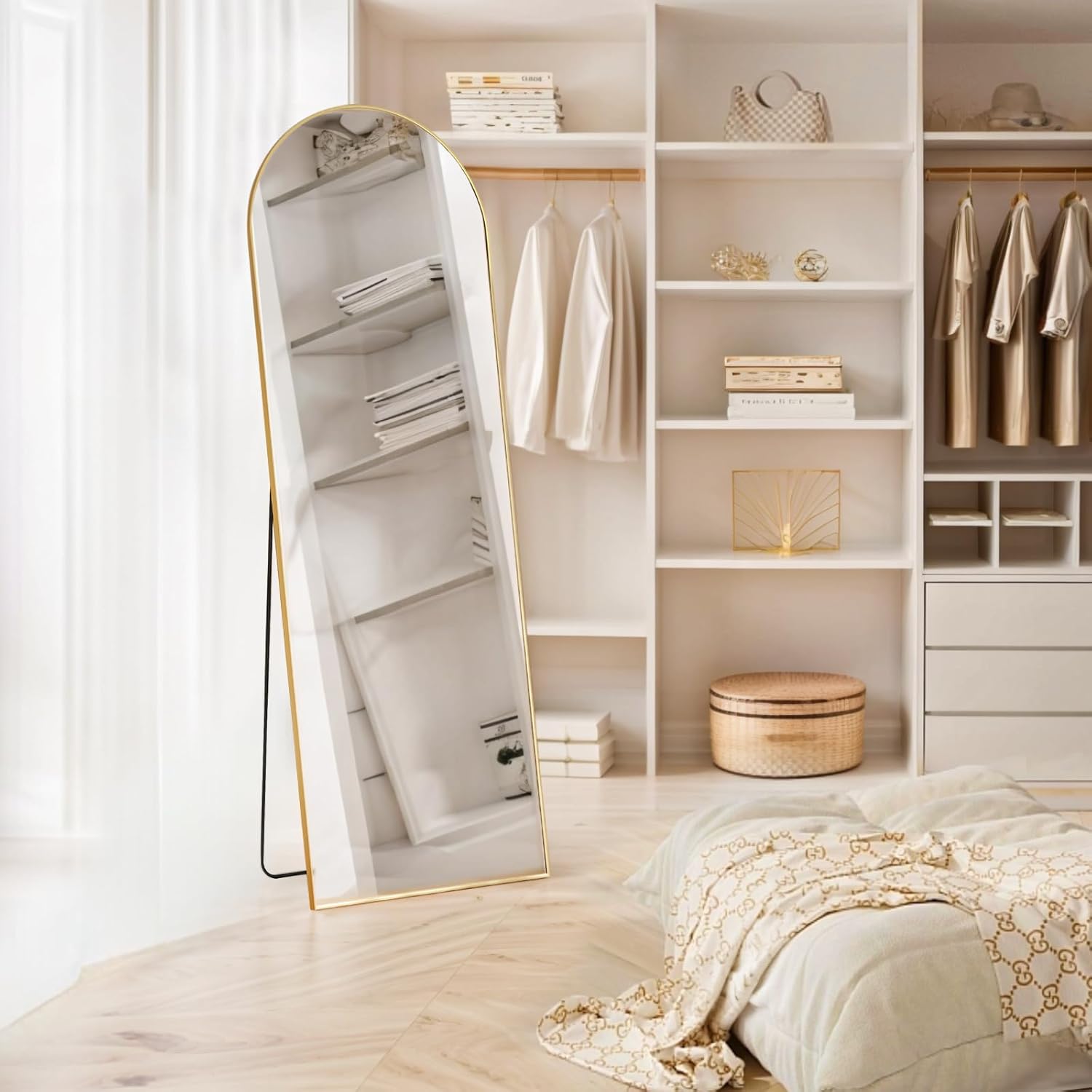 Arched Mirror Full Length, 16"x59" Body Wall Mirrors with Shatter-Proof Glass, Floor Standing, Hanging or Leaning, Tall Arch Mirror with Stand Aluminum Alloy Frame for Bedroom Cloakroom - Grand Goldman