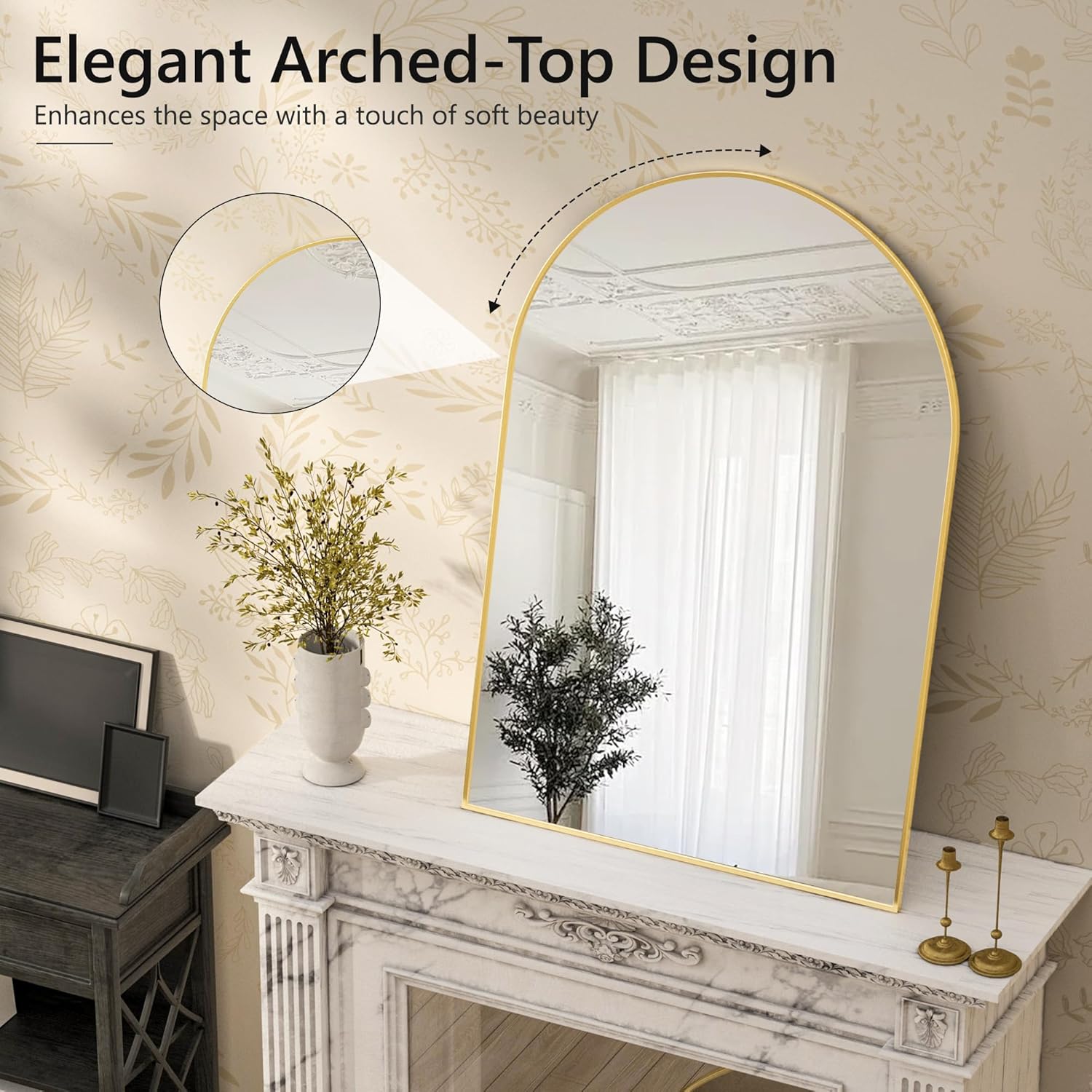 Arched Wall Mirror for Bathroom,Mirrors for Wall,24''x36'',Vanity Mirror for Bedroom Dresser, Entryway, Living Room, Metal Frame (36''x24'',Gold) - Grand Goldman