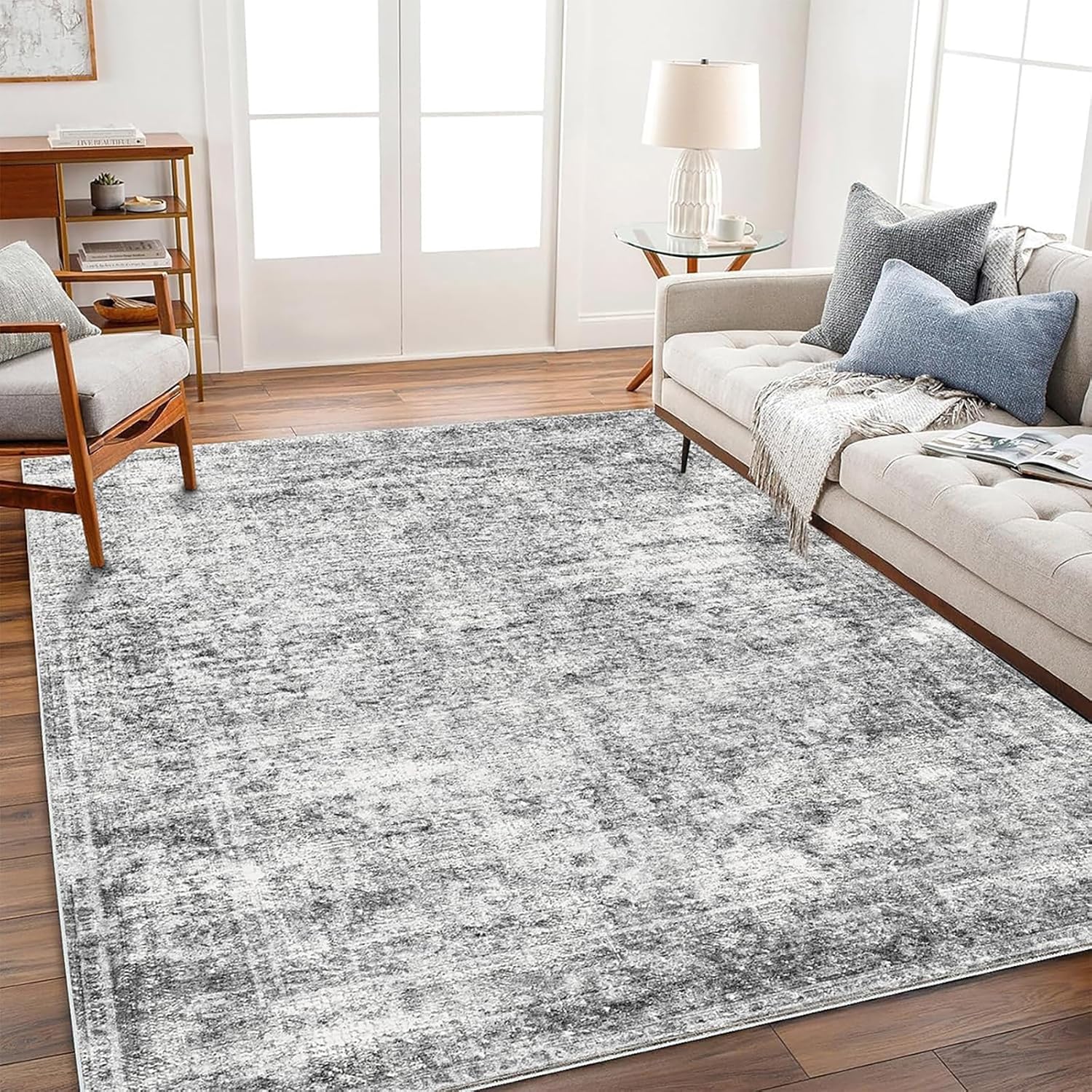 Area Rug 6x9 Washable Rug Gray Vintage Rug Traditional Floor Cover Thin Rug Retro Kitchen Indoor Distressed Non Slip Carpet Floral Print Mat Living Room Bedroom Dining Room - Grand Goldman