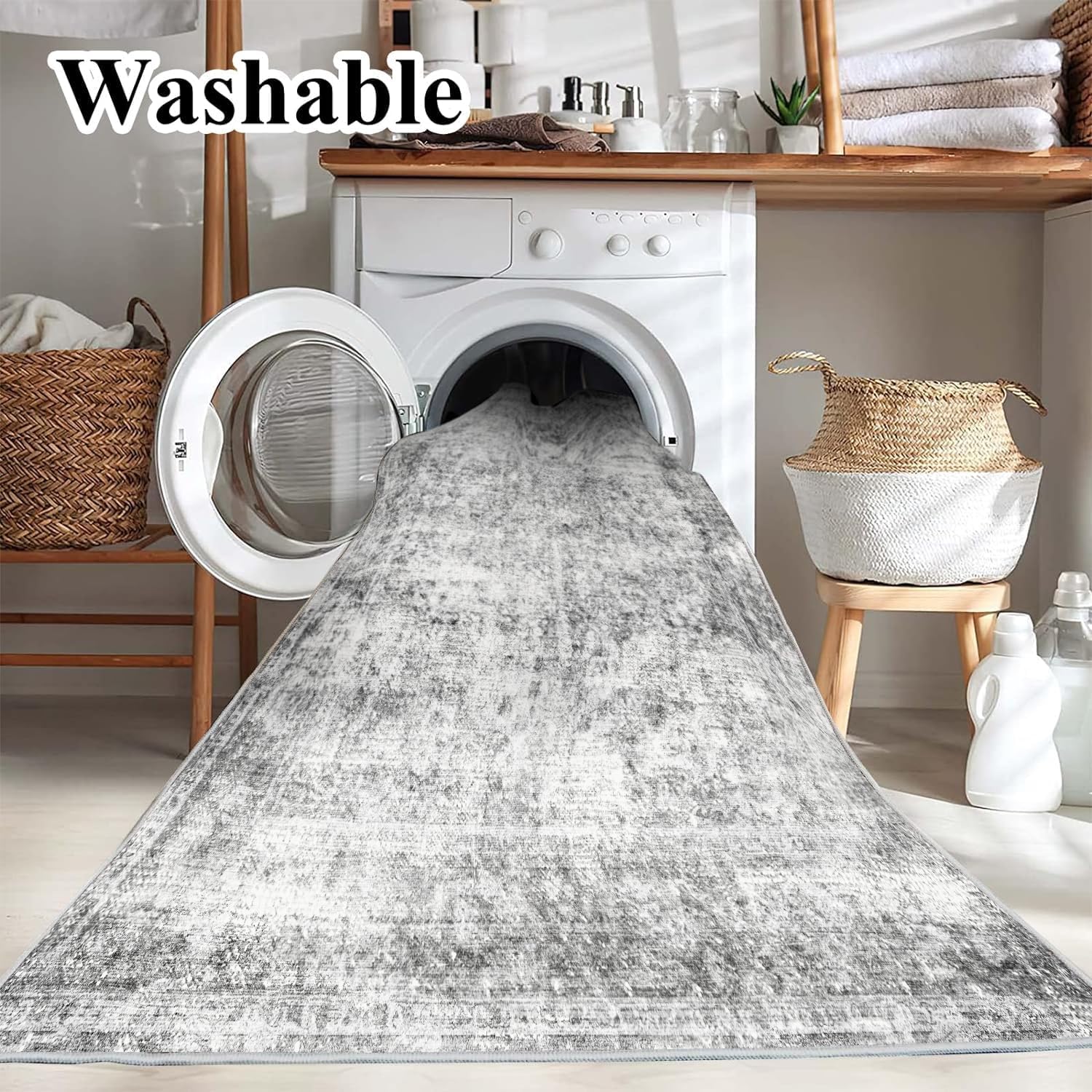 Area Rug 6x9 Washable Rug Gray Vintage Rug Traditional Floor Cover Thin Rug Retro Kitchen Indoor Distressed Non Slip Carpet Floral Print Mat Living Room Bedroom Dining Room - Grand Goldman