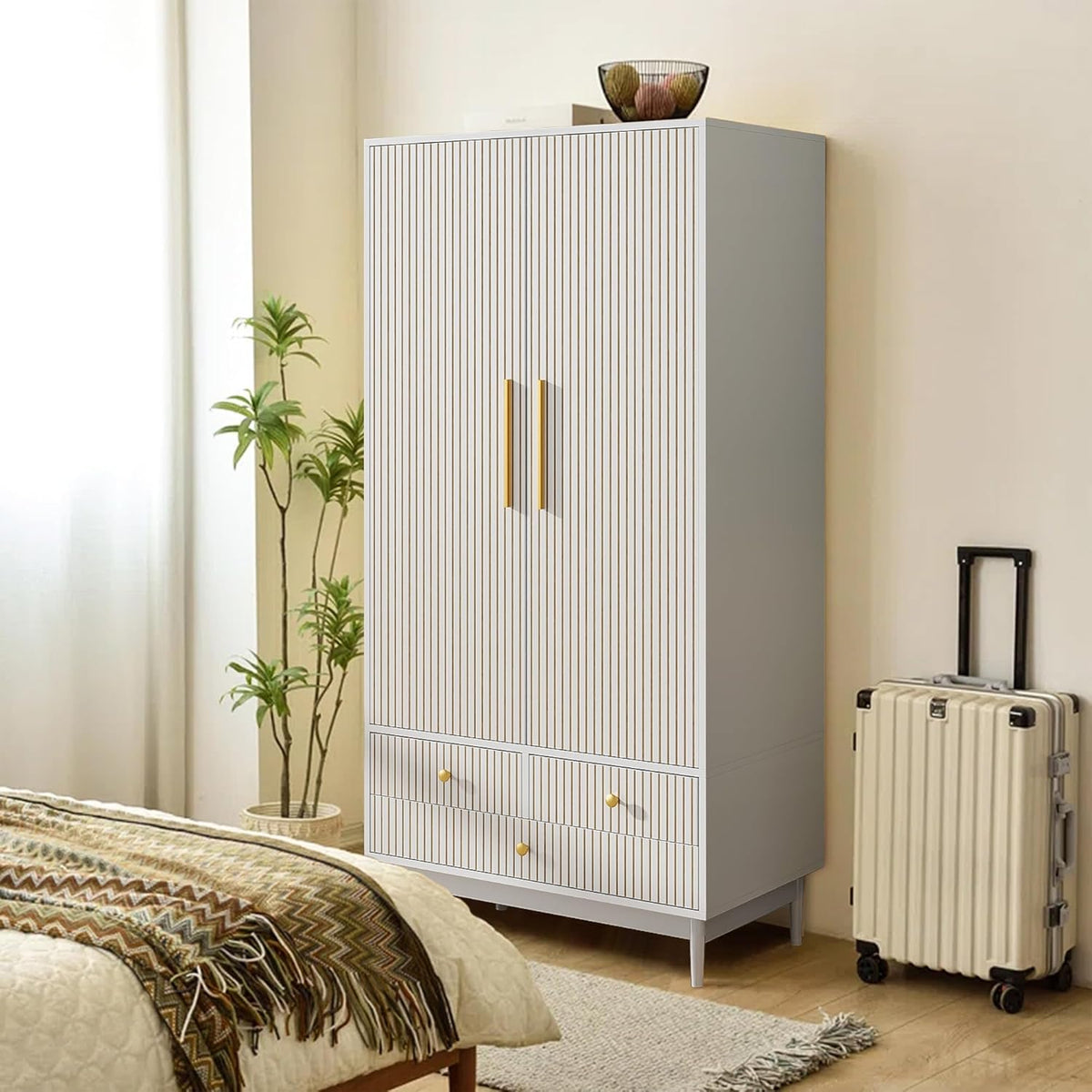 Armoire Wardrobe Closet with 2 Fluted Doors Wardrobe Cabinet with Shelves and Hanging Rod Freestanding Clost Modern Wooden Bedroom Armoire Cabinet Clothing Organizer with Drawers (Natural) - Grand Goldman