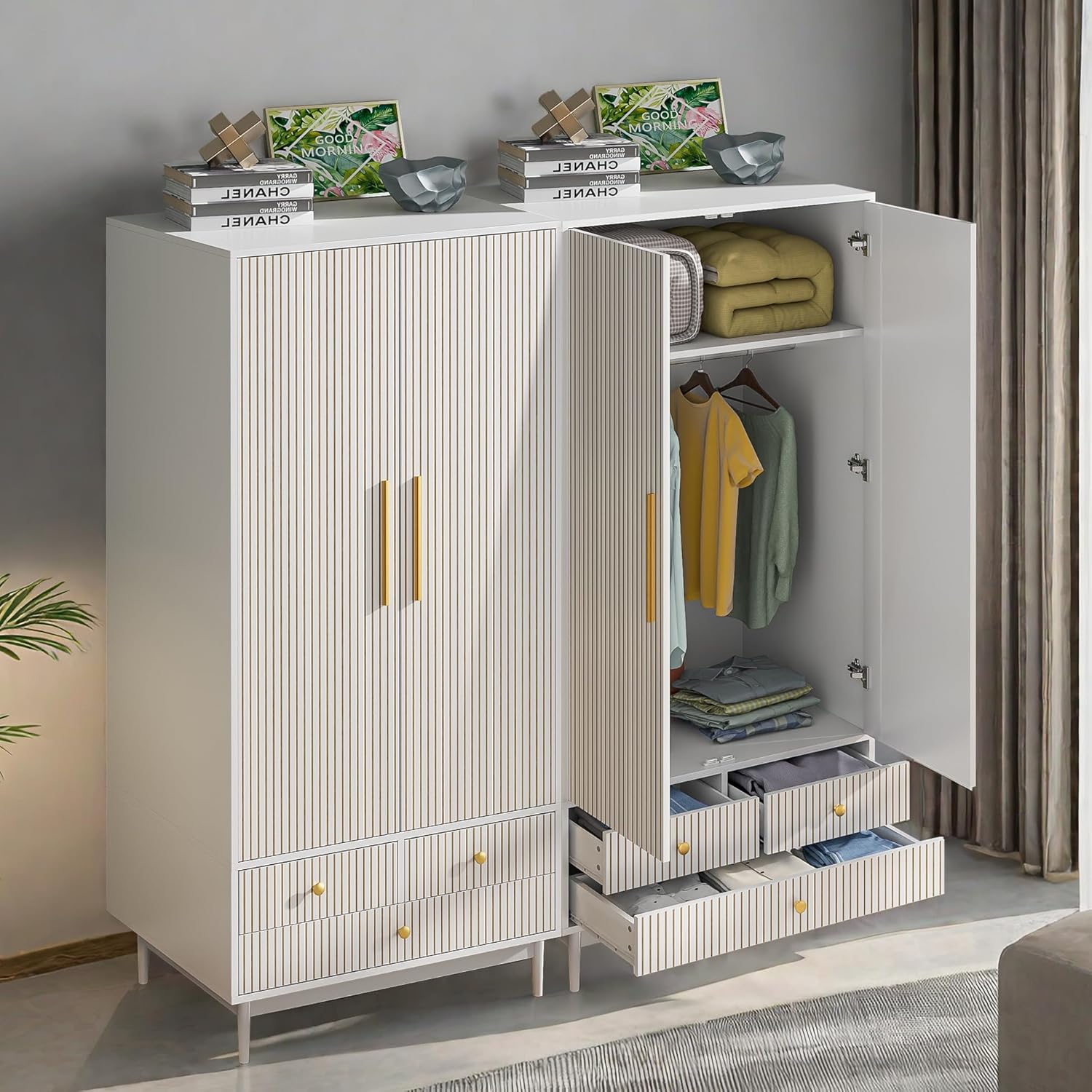 Armoire Wardrobe Closet with 2 Fluted Doors Wardrobe Cabinet with Shelves and Hanging Rod Freestanding Clost Modern Wooden Bedroom Armoire Cabinet Clothing Organizer with Drawers (Natural) - Grand Goldman