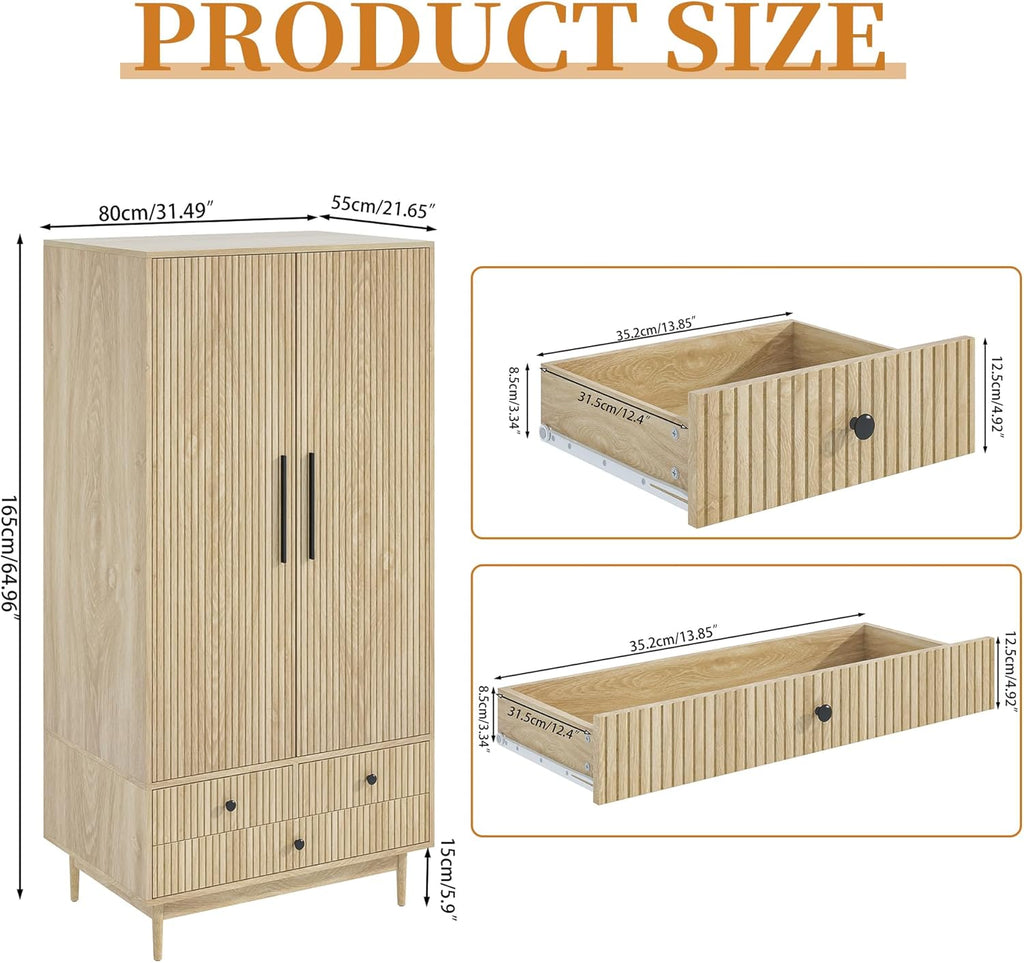 Armoire Wardrobe Closet with 2 Fluted Doors Wardrobe Cabinet with Shelves and Hanging Rod Freestanding Clost Modern Wooden Bedroom Armoire Cabinet Clothing Organizer with Drawers (Natural) - Grand Goldman
