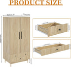 Armoire Wardrobe Closet with 2 Fluted Doors Wardrobe Cabinet with Shelves and Hanging Rod Freestanding Clost Modern Wooden Bedroom Armoire Cabinet Clothing Organizer with Drawers (Natural) - Grand Goldman