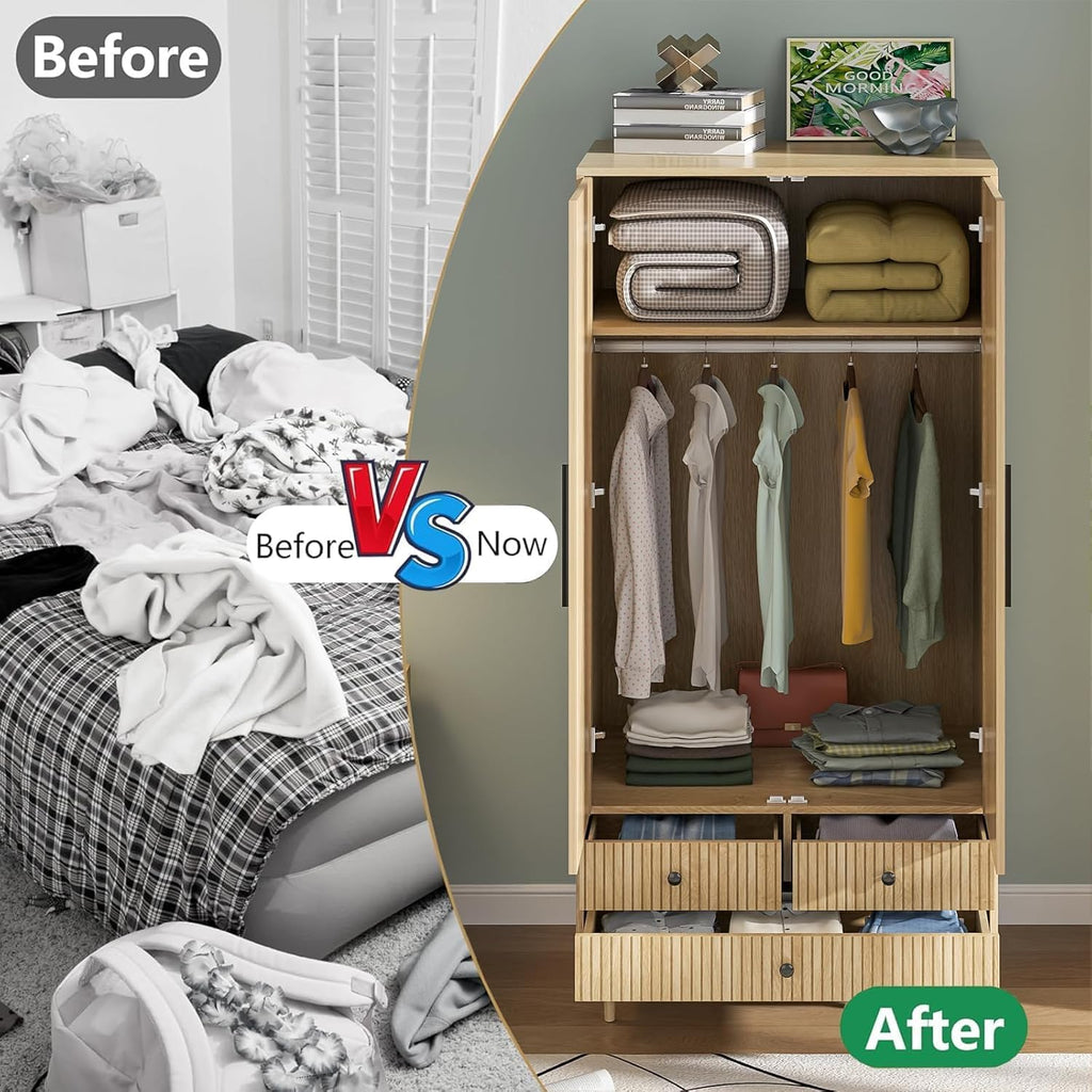 Armoire Wardrobe Closet with 2 Fluted Doors Wardrobe Cabinet with Shelves and Hanging Rod Freestanding Clost Modern Wooden Bedroom Armoire Cabinet Clothing Organizer with Drawers (Natural) - Grand Goldman