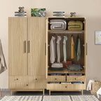Armoire Wardrobe Closet with 2 Fluted Doors Wardrobe Cabinet with Shelves and Hanging Rod Freestanding Clost Modern Wooden Bedroom Armoire Cabinet Clothing Organizer with Drawers (Natural) - Grand Goldman