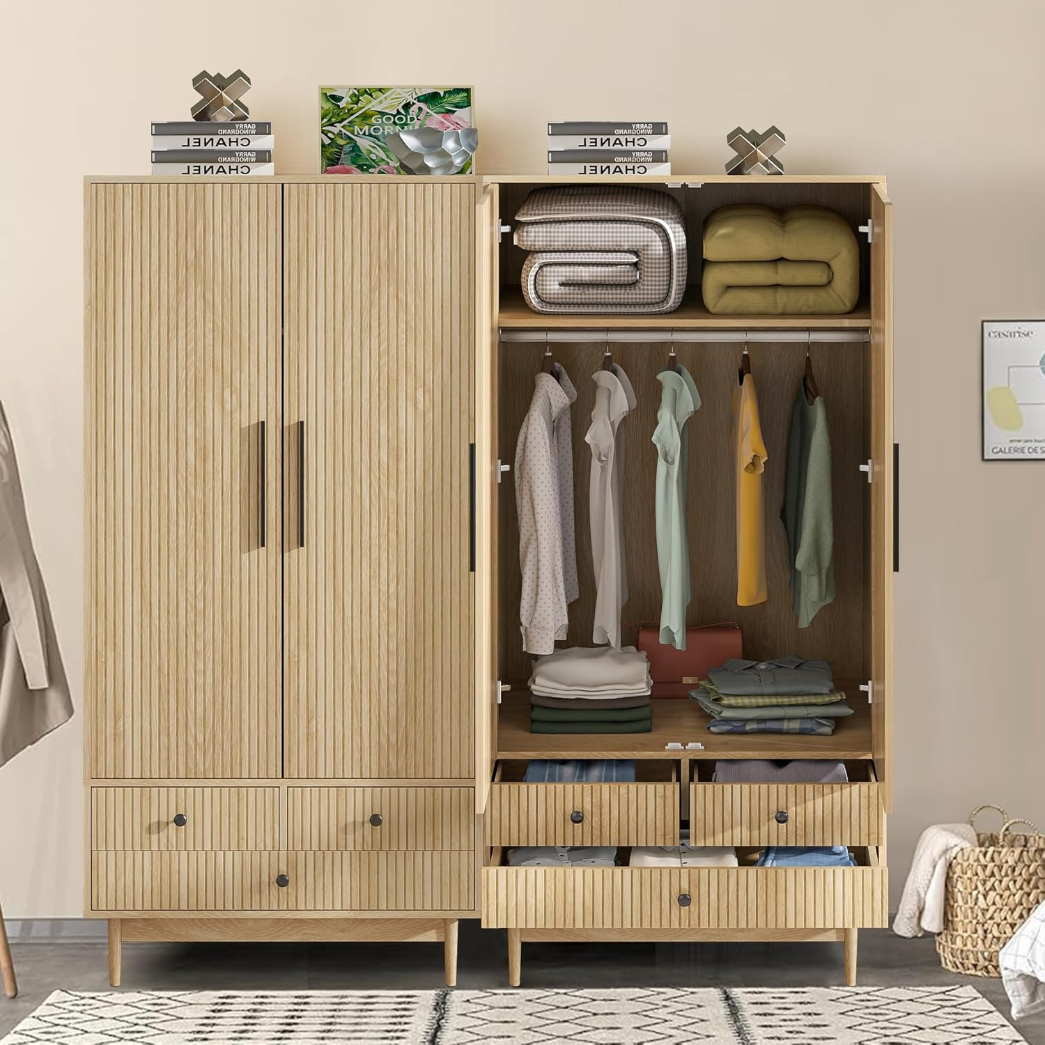 Armoire Wardrobe Closet with 2 Fluted Doors Wardrobe Cabinet with Shelves and Hanging Rod Freestanding Clost Modern Wooden Bedroom Armoire Cabinet Clothing Organizer with Drawers (Natural) - Grand Goldman