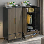 Armoire Wardrobe Closet with 2 Fluted Doors Wardrobe Cabinet with Shelves and Hanging Rod Freestanding Clost Modern Wooden Bedroom Armoire Cabinet Clothing Organizer with Drawers (Natural) - Grand Goldman