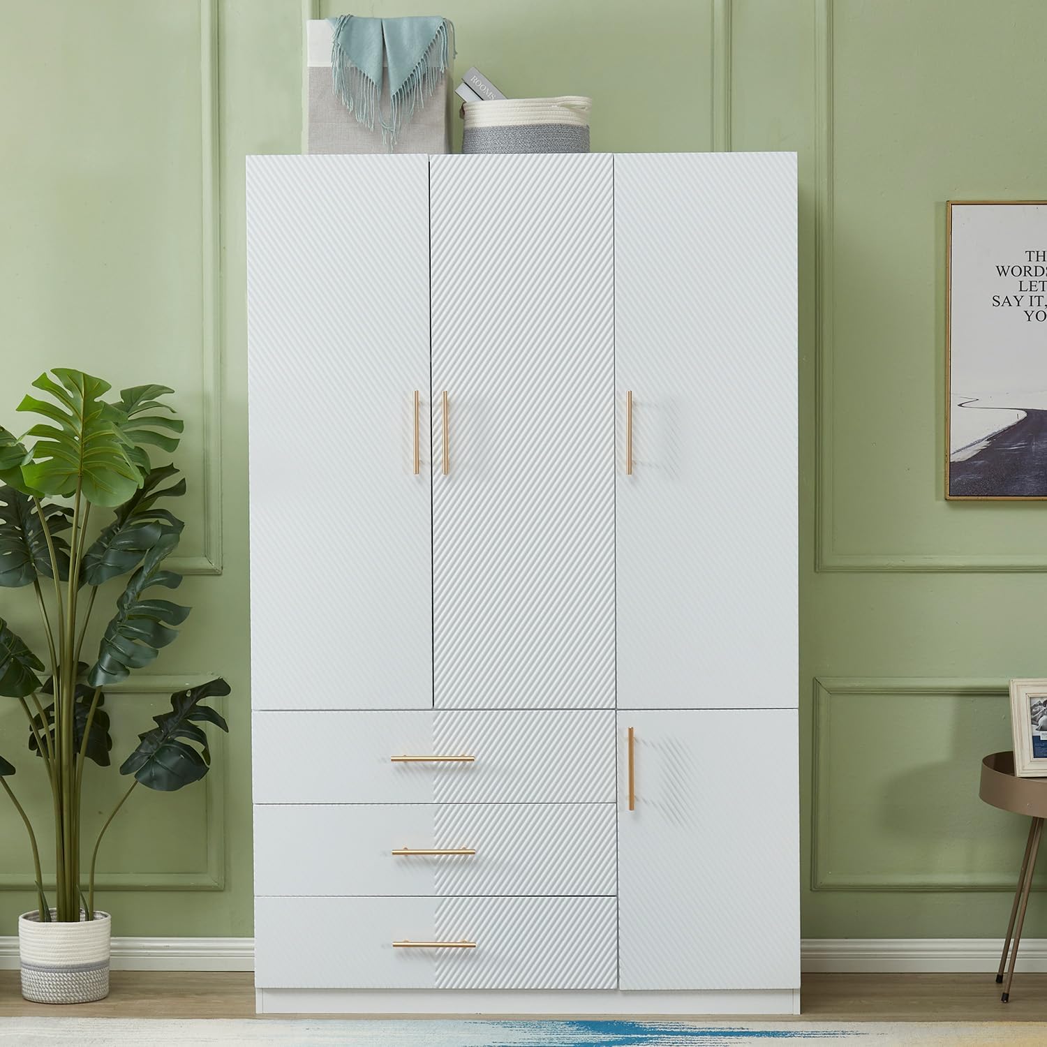 Armoire Wardrobe Closet with 3 Door and 2 Drawers Tall Cabinet for Large Capacity, Closet Wardrobe Cabinet with Hanging Rail and Metal Handle White for Bedroom 47.2" W x 20.5" D x 74" H - Grand Goldman